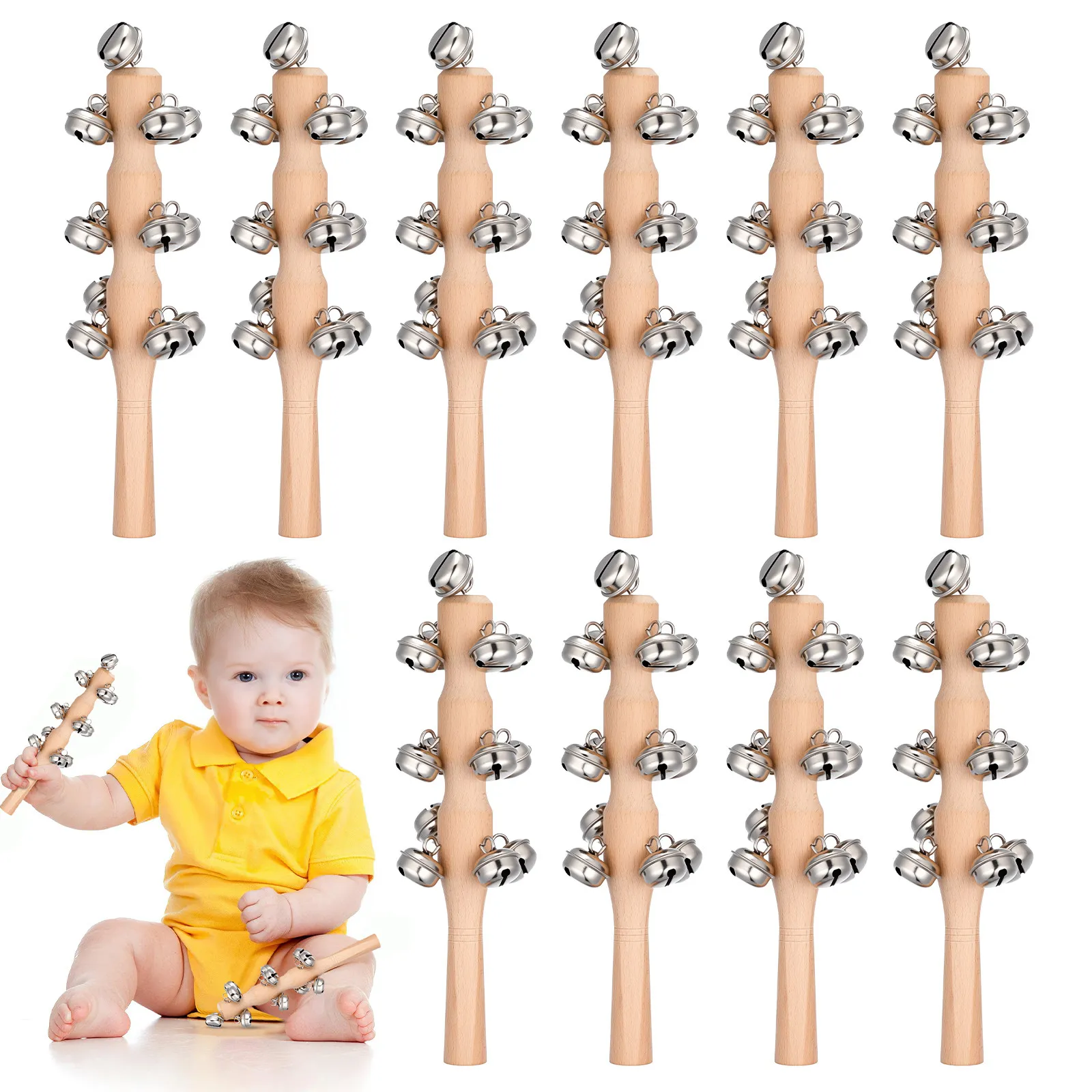 10 Stuks Houten Rammelaar Baby Hand Jingle Bells Ritme Ontwikkeling Muziek Training Houten Rammelaar Speelgoed Hand Jingle Bell Kinderen Speelgoed