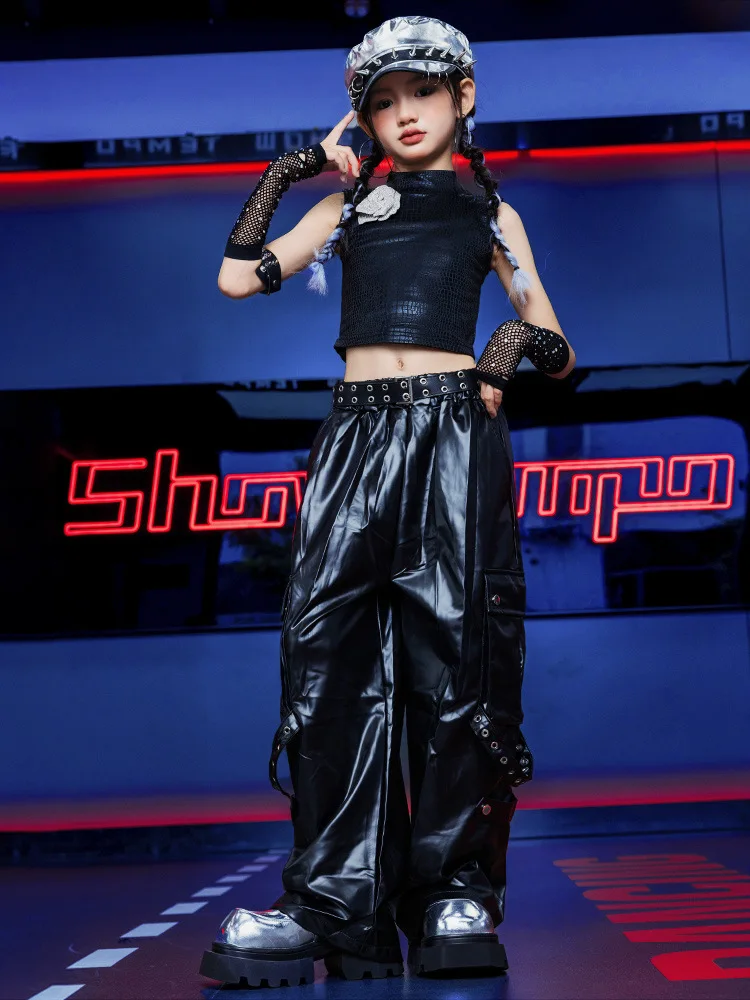 Mädchen Hip Hop Silber Crop Top Glänzende Leder Hosen Kind Kpop Streetwear Goth Rock Kind Jazz Mädchen Gruppe Street Dance Kleidung Set
