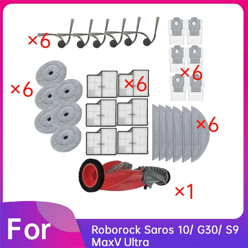 

ABZA-32 Pcs For Roborock Saros 10/ G30/ S9 Maxv Ultra Sweeper Accessories Roller Side Brush HEPA Filter Mop Pad Dust Bag