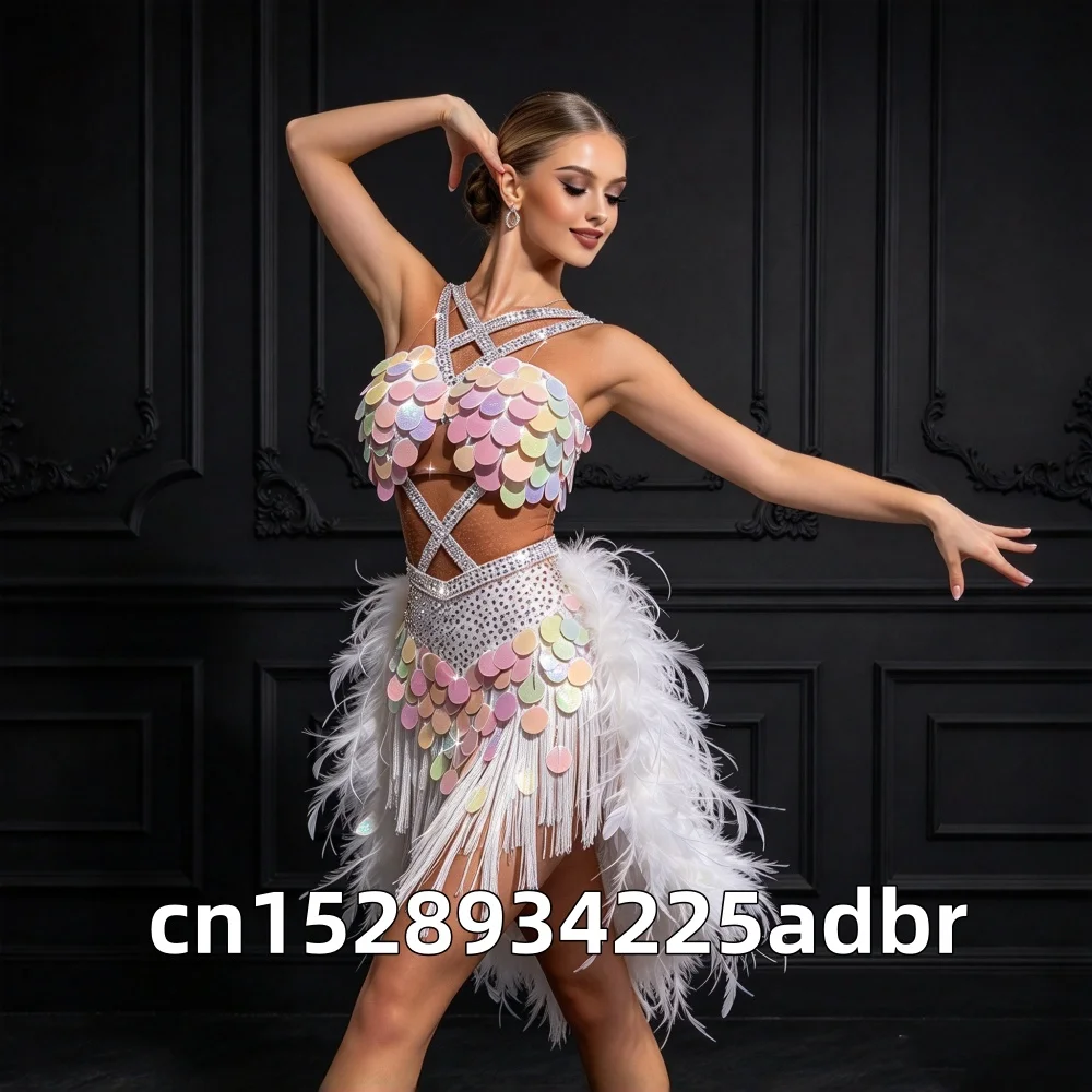 Summer New Latin Dance Performance Competition Show White Feather Mermaid Sequins Flash Diamond Dance Dress