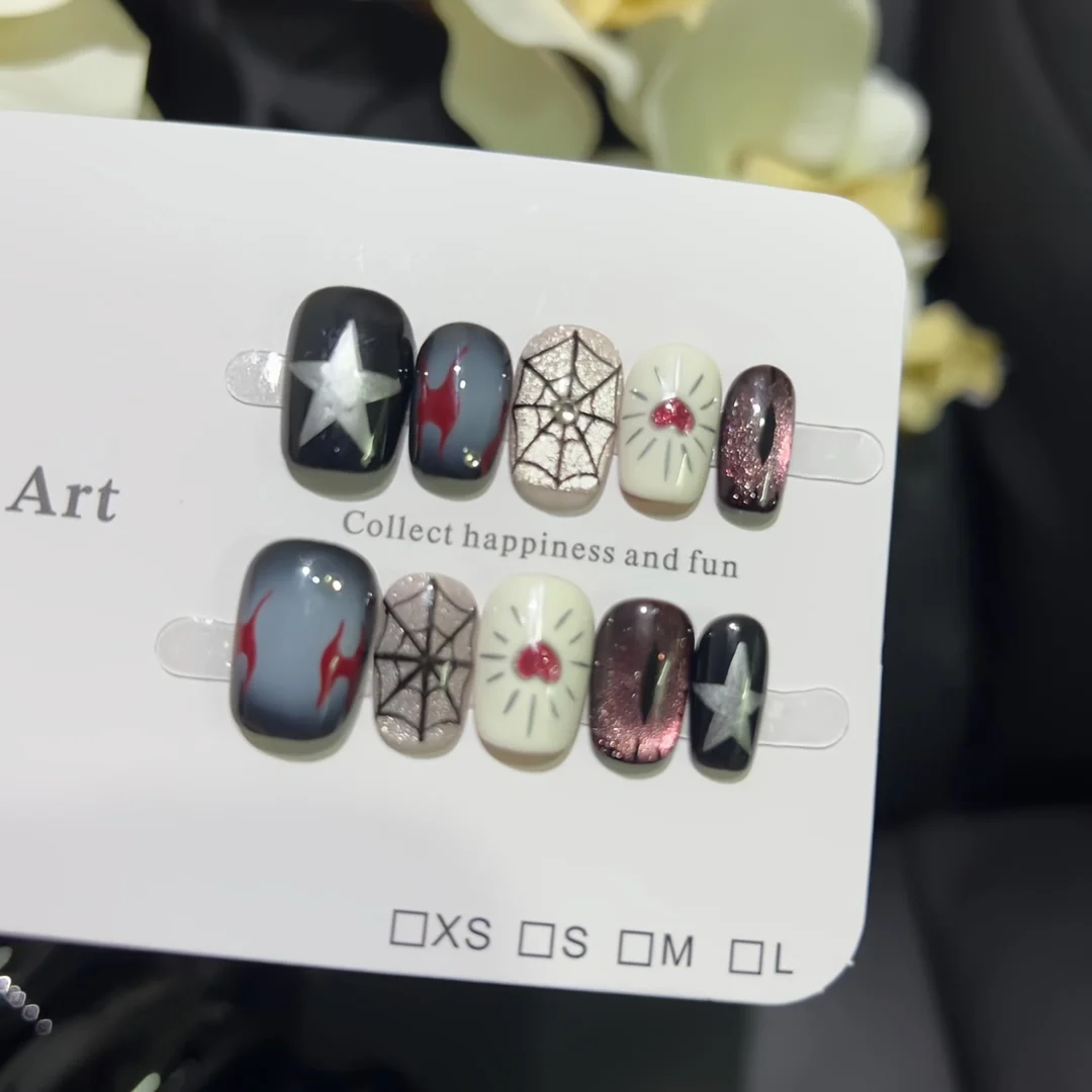 10pcs Halloween Handmade Press on Nails Dark Love Spider Web 3D Smudged Fake Nail for Women&Girl Detachable Wearable False Nail