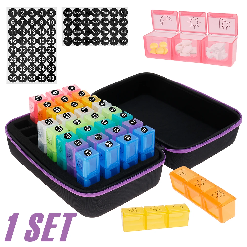 

Monthly Pill Organizer Portable 30 Day Pill Box Organizer with Labeling Sticker 3 Compartments Pill Box for Home Travel Outdoor