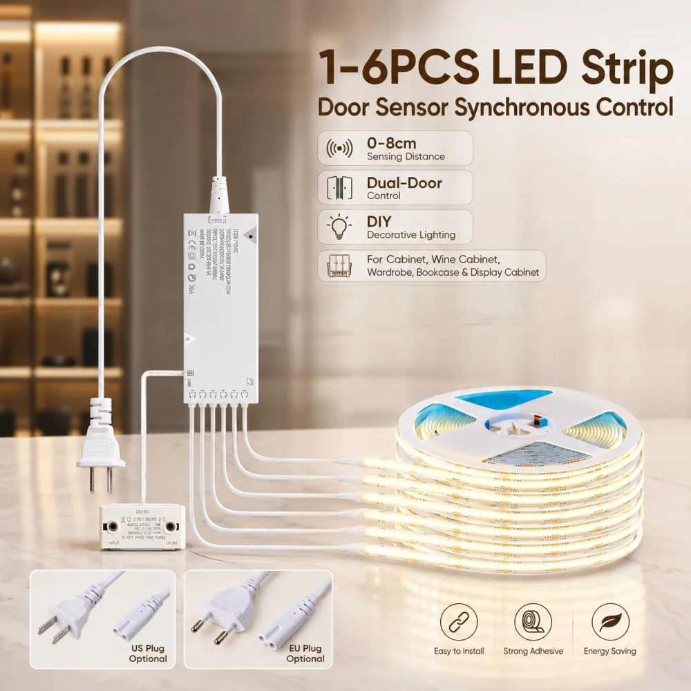 Door Opening Sensor Sync Control LED Strip Under Cabinet Wine Cabinet Closet Wardrobe Bookcase Showcase Display DIY Decor Light