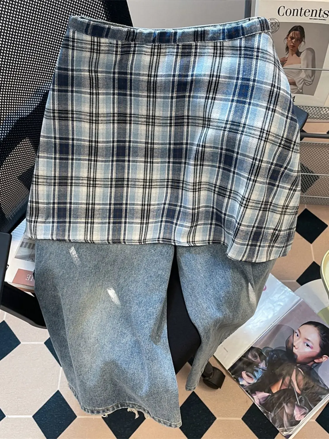 retro blue ink splashing straight denim cropped pants women's high waist and thin fart curtain short pants