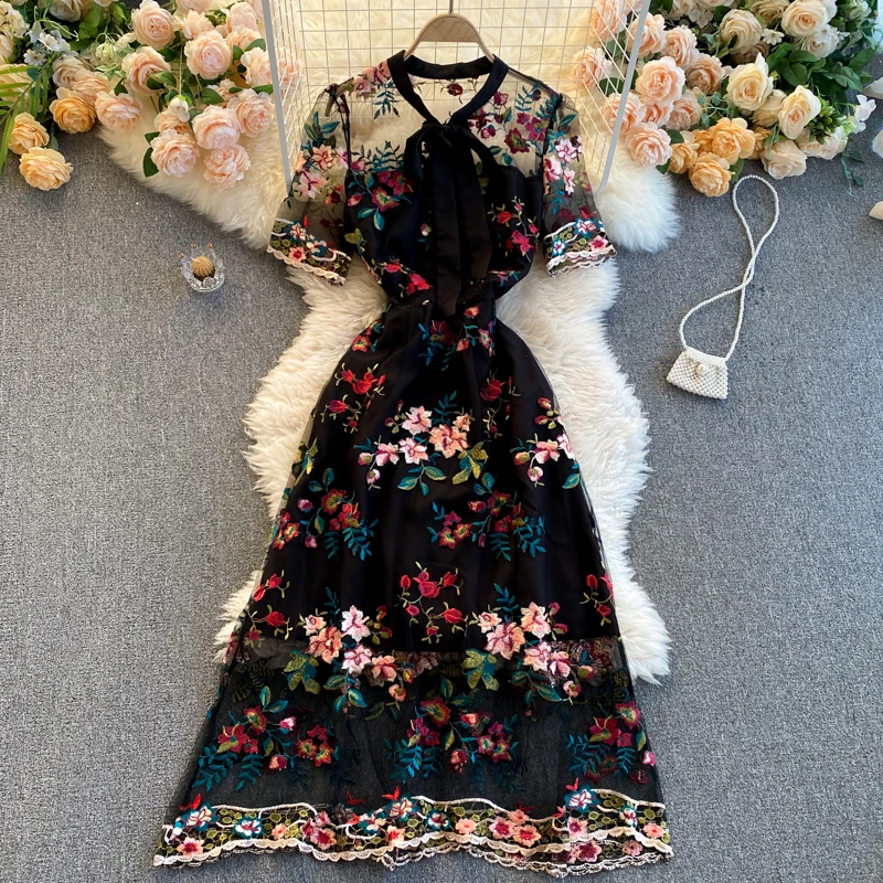 Luxury Designer French Hepburn Style Skirt 2023 New Contrast Bow Neck Short Sleeve Slim Embroidery Round Neck Flower Dress