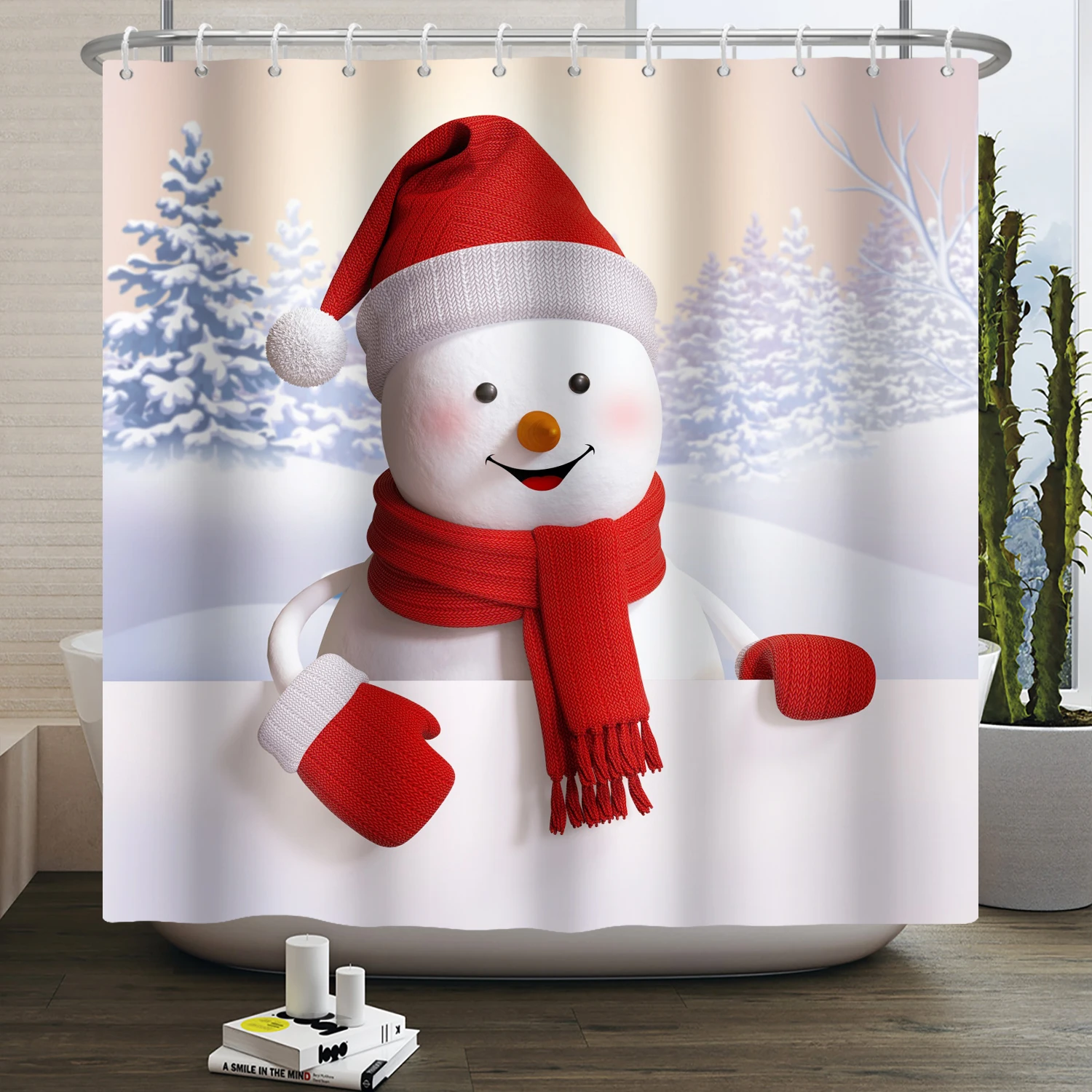 Merry Christmas Shower Curtain Winter Snowmen Christmas Tree Red Balls Decor Bath Curtains Waterproof Bathtub Screen with Hooks