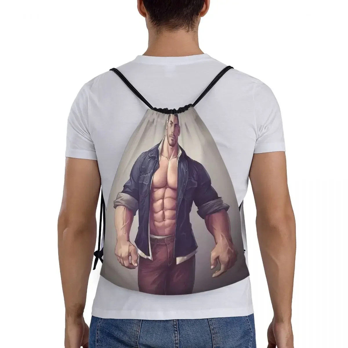 Sexy Gym Muscle Man Strong Muscle Body Art Drawstring Backpack Sports Gym Bag for Women Men Training Sackpack