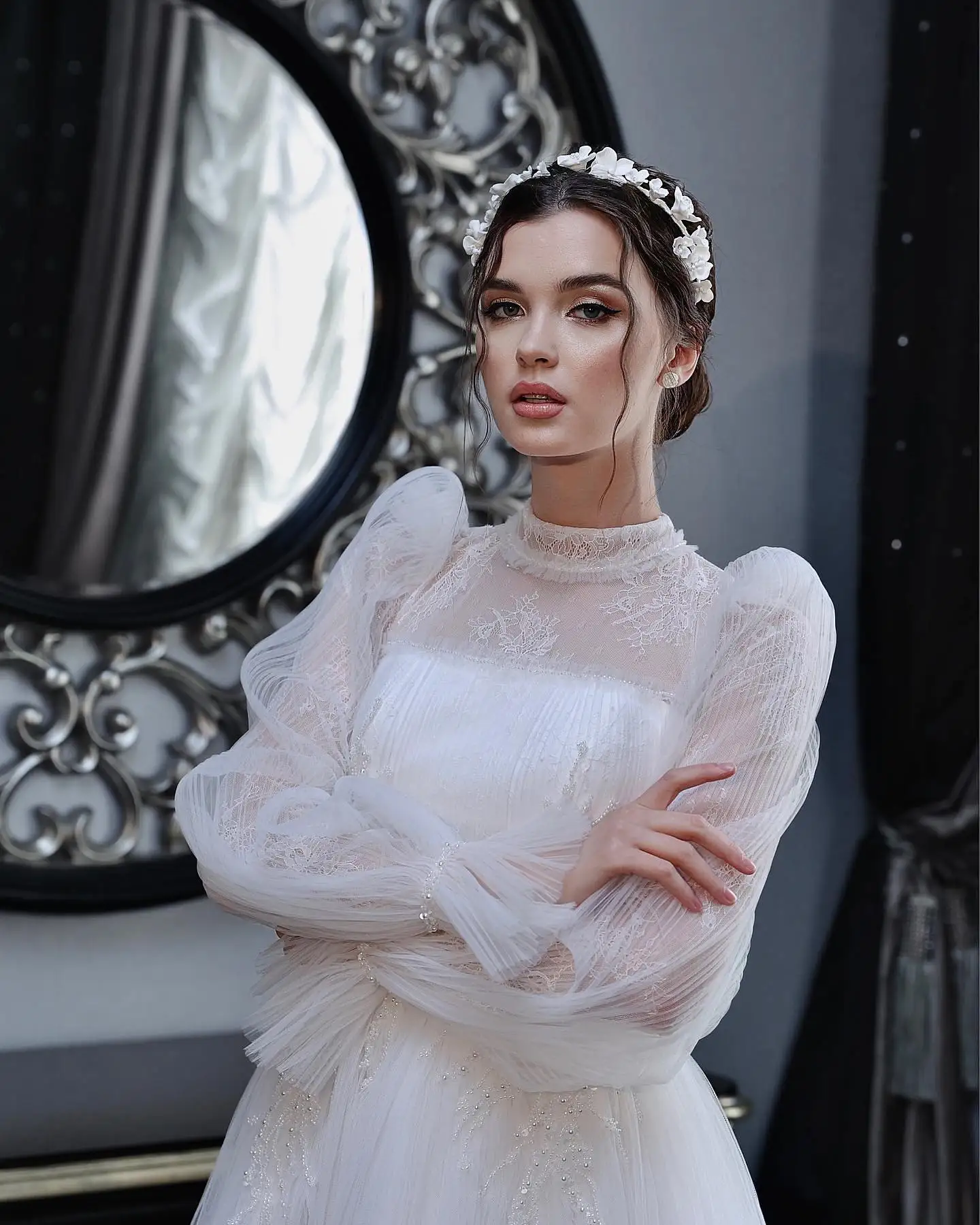 Modesto collo alto maniche lunghe pizzo una linea abiti da sposa Tulle spiaggia abito da sposa trouwjurk 2023