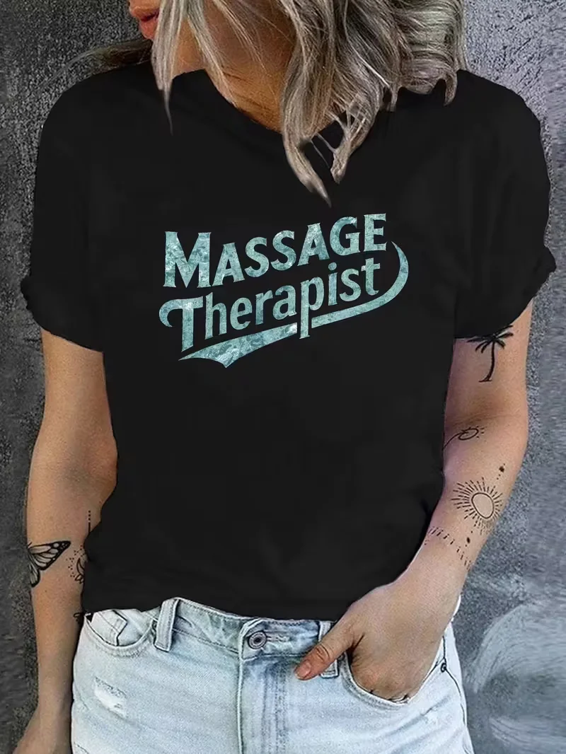 

Massage therapist retro style printed T-shirt, short-sleeved crew-neck casual top, suitable for summer and spring, women's cloth