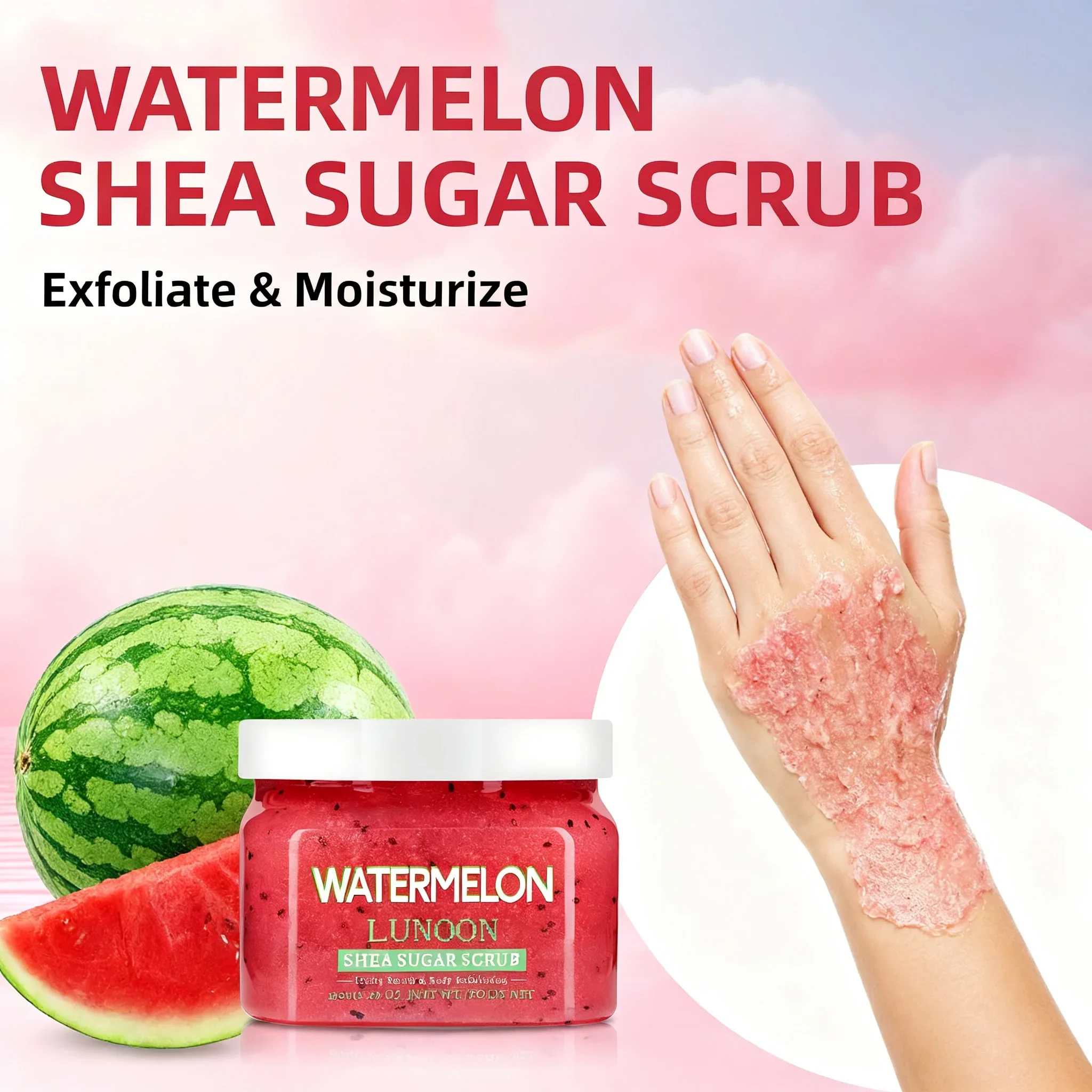 Wassermelonen-Shea-Zuckerpeeling 150 g – natürliches Körperpeeling, feuchtigkeitsspendend, glättend, für Ellenbogen, Knie, Rücken, Beine, alle Hauttypen