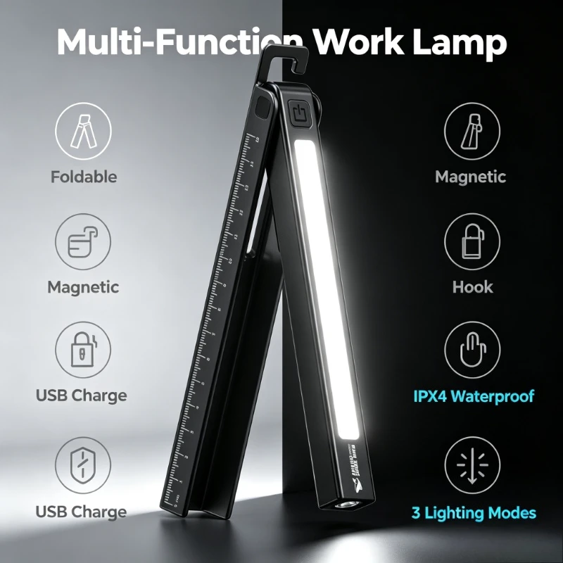 Cross-border new model multi-functional foldable maintenance work lamp with outdoor magnetic suction digital flashlight hook