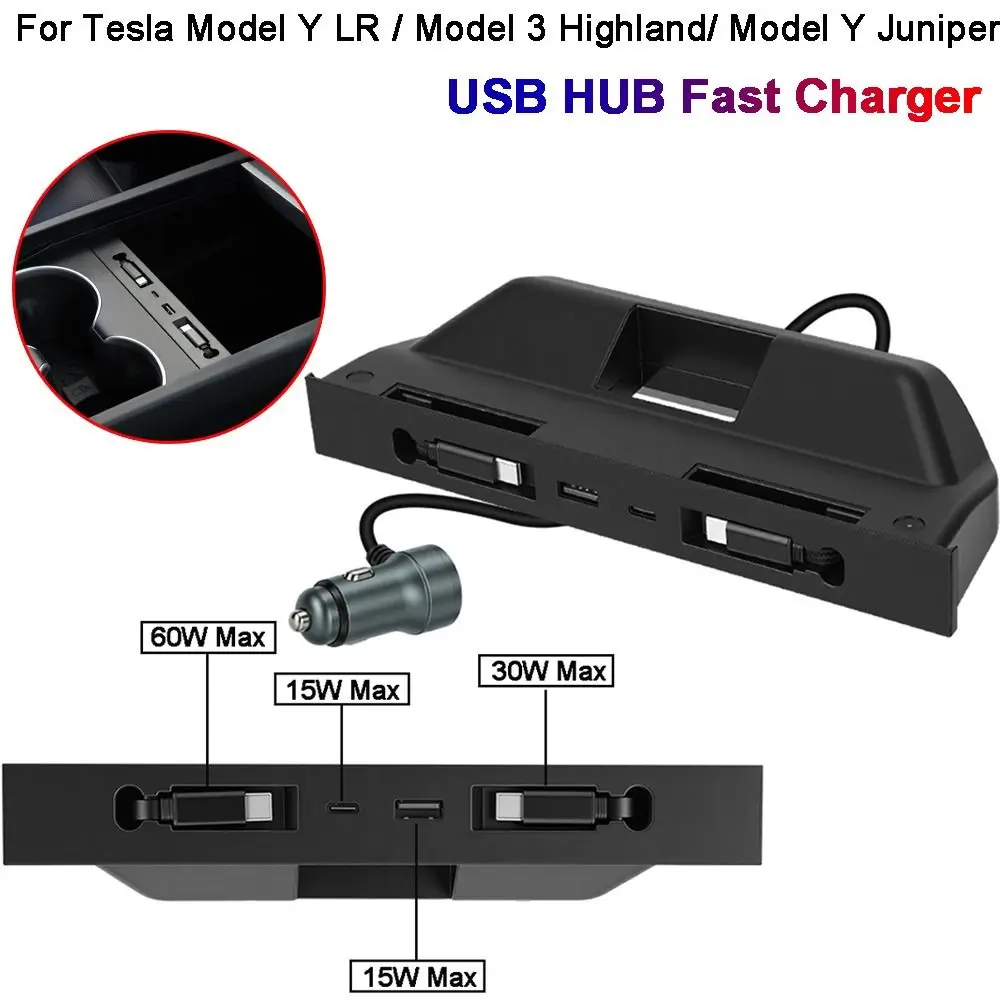 Hidden Center Console USB HUB Type-C Retractable Cable Docking Station for Tesla Model Y Juniper/ Model Y LR / Model 3 Highland