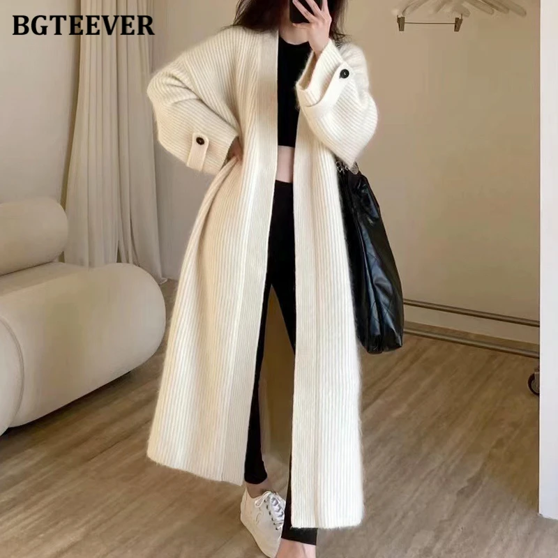 

BGTEEVER Elegant Warm Loose Female Long Sweaters Cardigans Autumn Winter Casual Full Sleeve Oversized Knitted Coats for Women