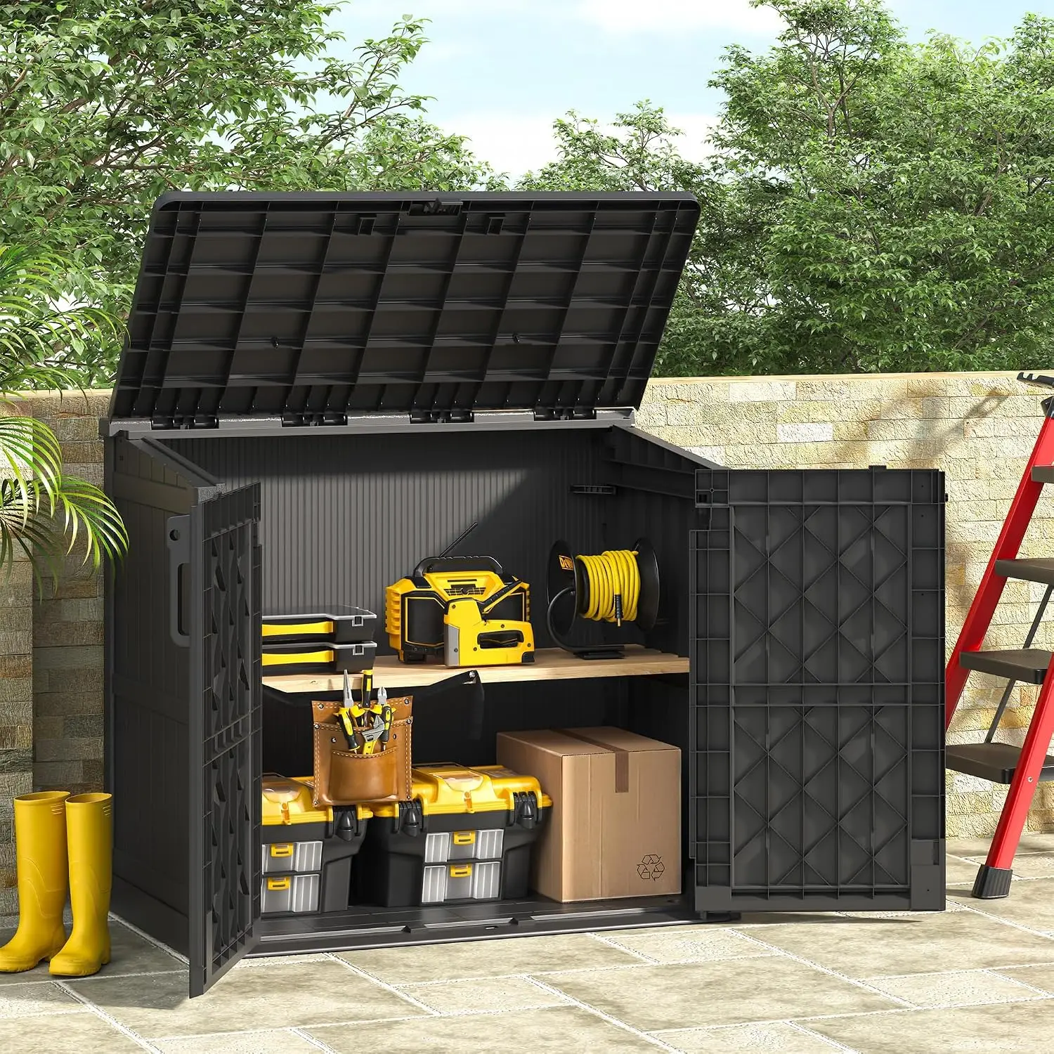36 Cu Ft Outdoor Storage Cabinet w/ Lockable Doors, Weatherproof Horizontal Shed w/ Floor for Patio Backyard, Customized