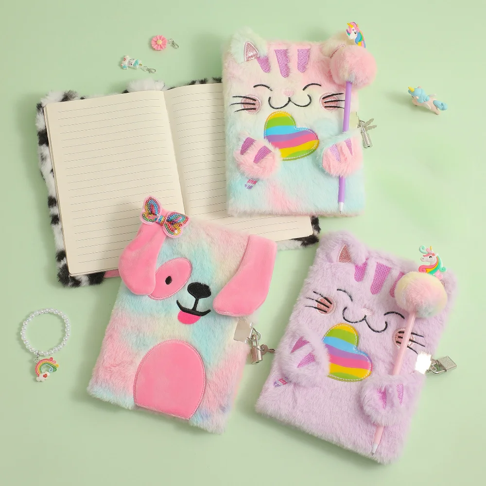 

Cartoon Plush Cat Notebook With Lock Student Diary Furry Writing Notepad Children'S Stationery Gift Portable Pocket Ledger Book