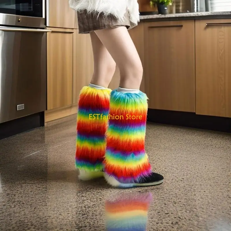 Y5gc Frauen Vintage Regenbogen farbenfrohe Plüsch Bein wärmere Fuzzy verdickte Toppers Manschetten Pelzige Bein Cover – Detail 3