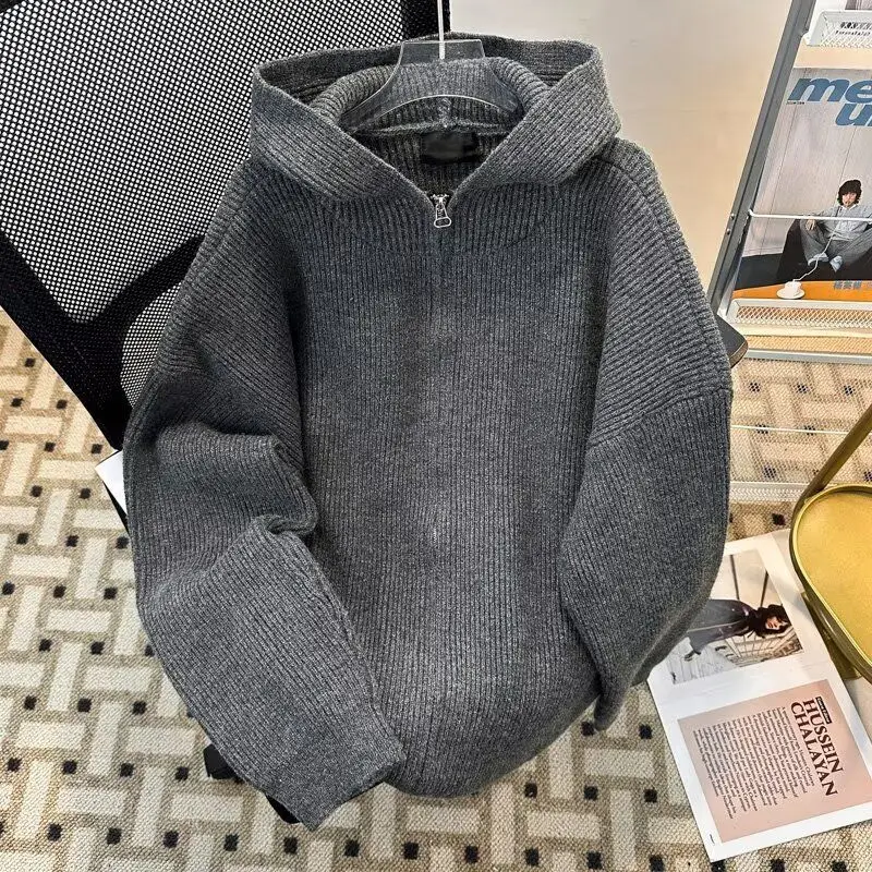 Cleanfit Knitted Cardigan Jacket Men's Trendy Brand High-End Grey Hooded Sweater Lazy Style Japanese Retro Zipper Casual Wear