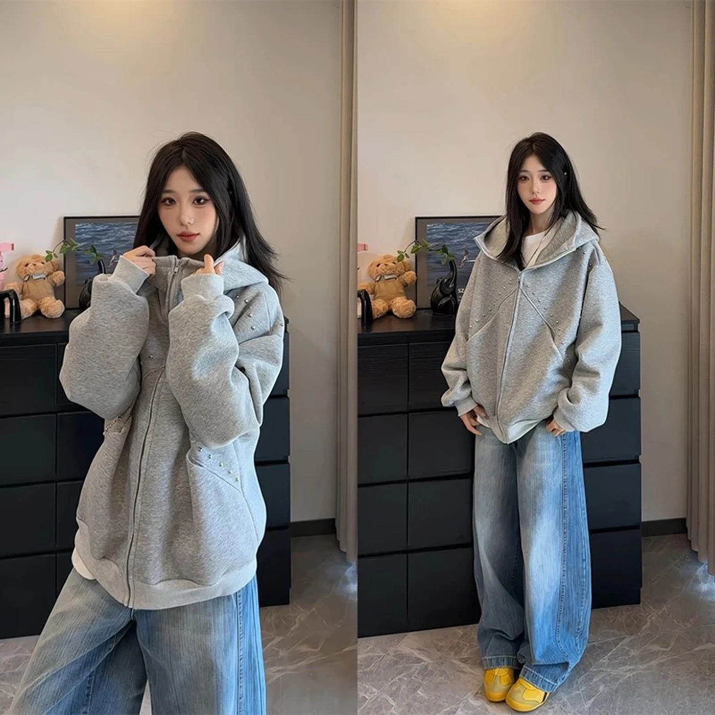 

American Sle Heavy Du Rivet Cardigan Men's Hoodie Autumn OOTD Couple's Jaet Unique Design Sense Hooded Sweatirt