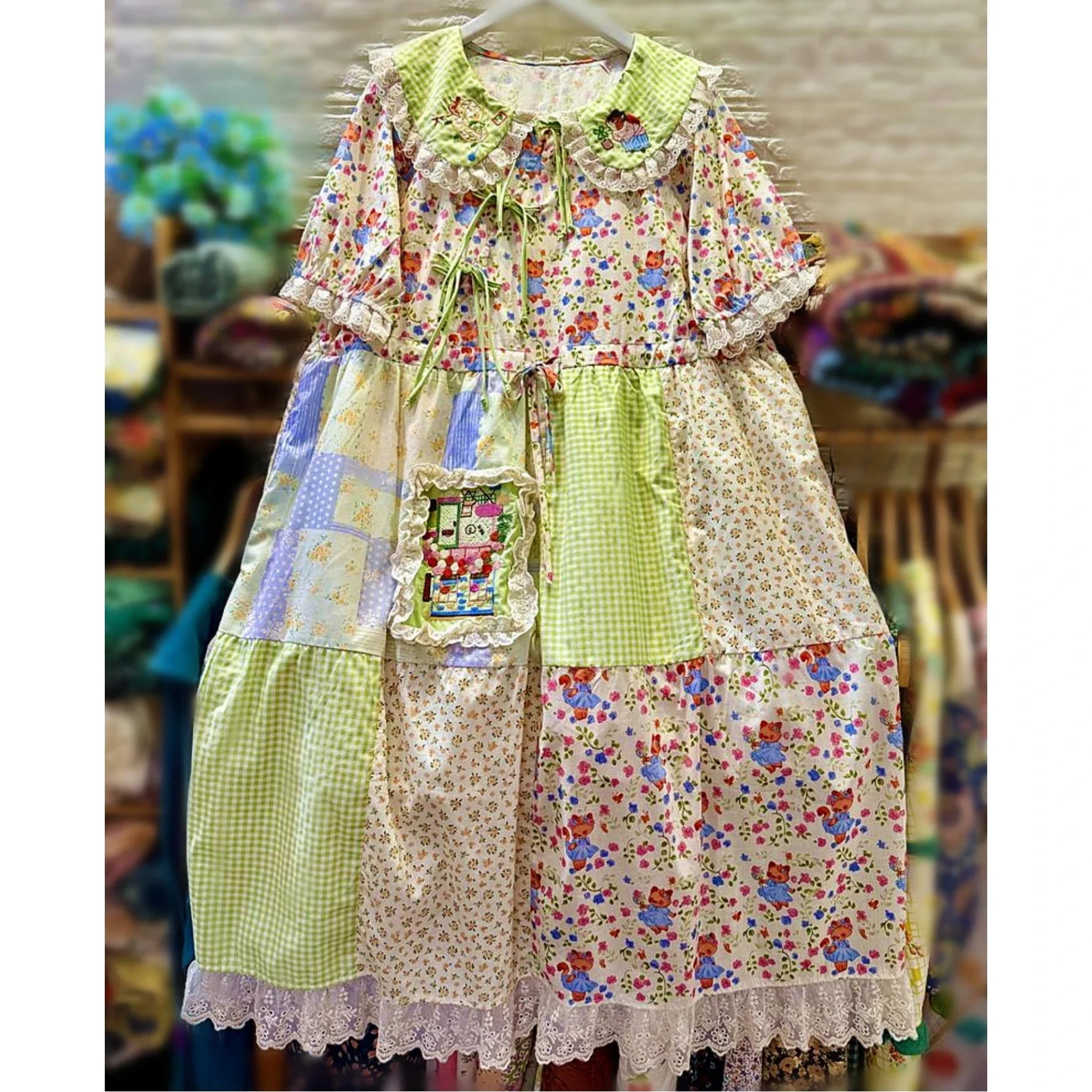 

Sweet Japanese Mori Girl Lace Patchwork Green Tunic Midi Dress Women Vintage Summer Lolita Harajuku Evening Wedding Long Dress