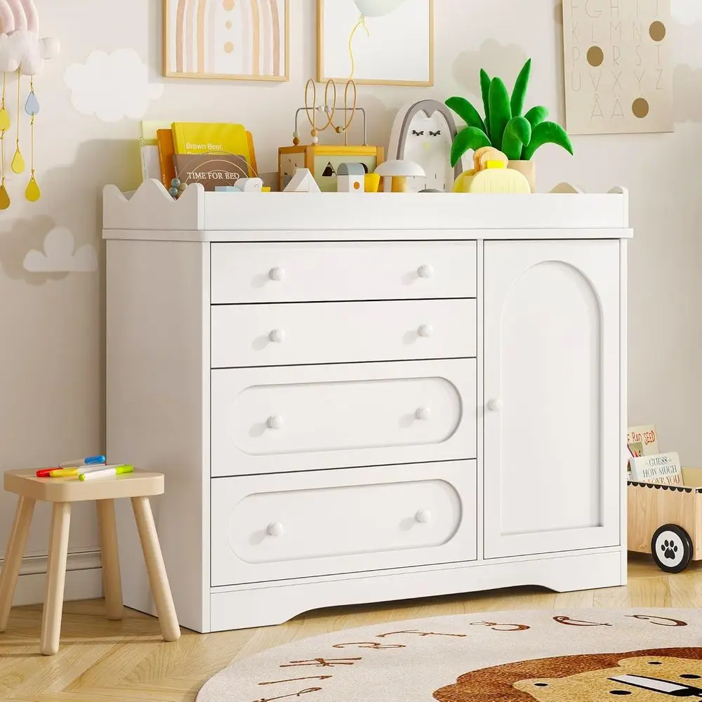 

Children's Bookshelf and Toy Storage with Open Shelves, 4 Drawers, and Large Cabinet, White