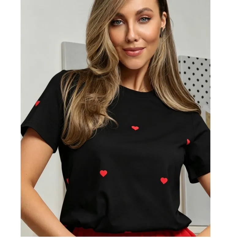 Cotton Round Neck Women's T-shirts Print Heart Simple Lovely Fashion Clothes Office Shopping Date Tops