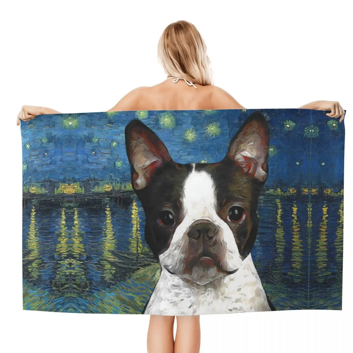 Custom Boston Terrier Portrait Cartoon Art Beach Towel Van Gogh Starry Night Over The Rhone Breathable Microfiber Pool Towels