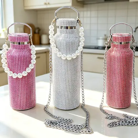 Diamond Studded Stainless Steel Insulated Shiny Insulated Water Bottle Fashion Party Detachable Crossbody Chain Women Gift