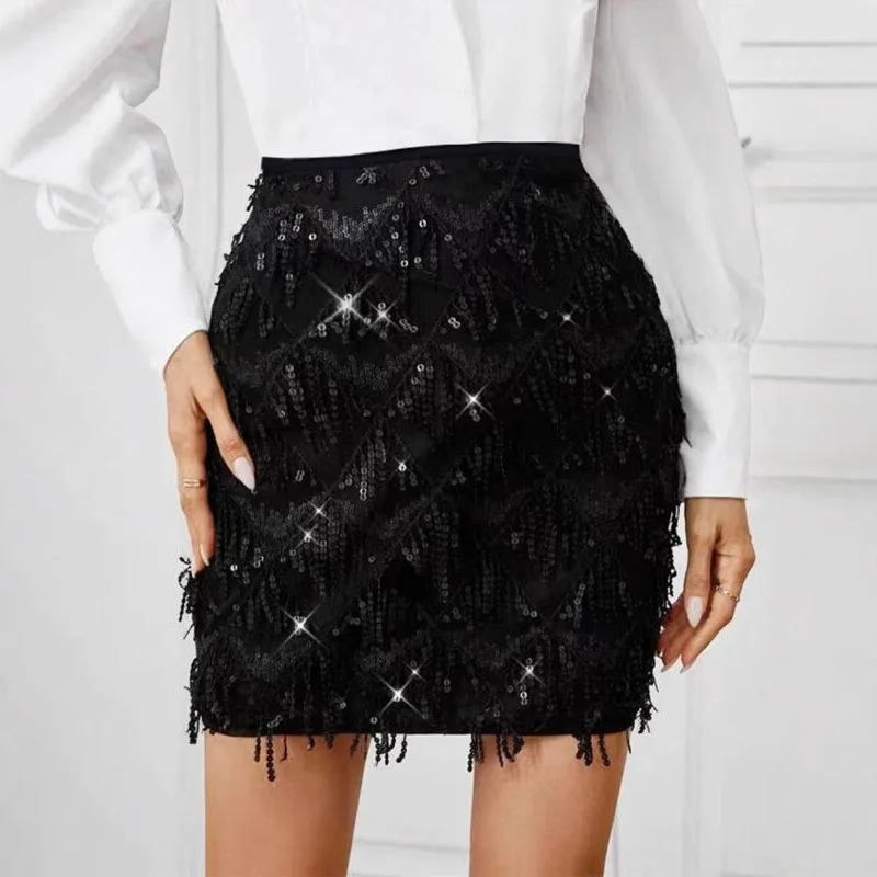 Elegant Sequin Women's Bodycon Skirt Summer 2026 New Solid Color Tassel F-length Skirts Trendy Ladies Short Dresses for Female