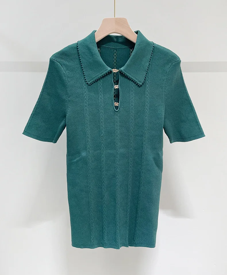 

Woman Summer New Elegant Polo Collar Knitted Short Sleeved Solid Color T-shirt Tops Female Fashion Simple Knit Sweater