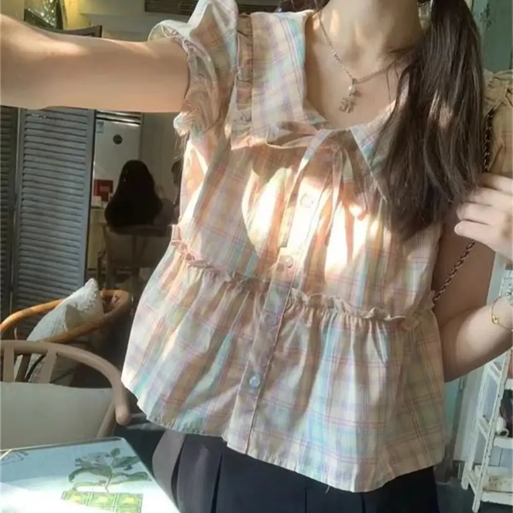 Y2K Kawaii Women Pastel Plaid Blouse Peter Pan Collar Ruffled Puff Sleeve Sweet Peplum Shirt Casual Summer Cute Aesthetic Tops