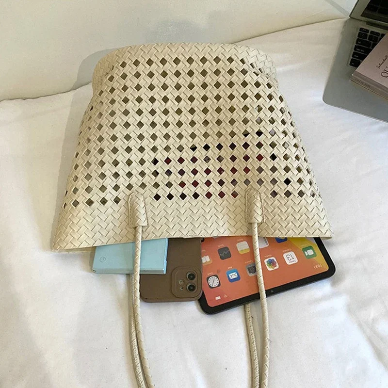 Rattan-Geflochtene Hohle Schultertasche mit Passender Geldbörse, Sommer-Shopper für Markt, Strand und Pendeln, Leichte Handtasche mit Offener Webung – Detail 5