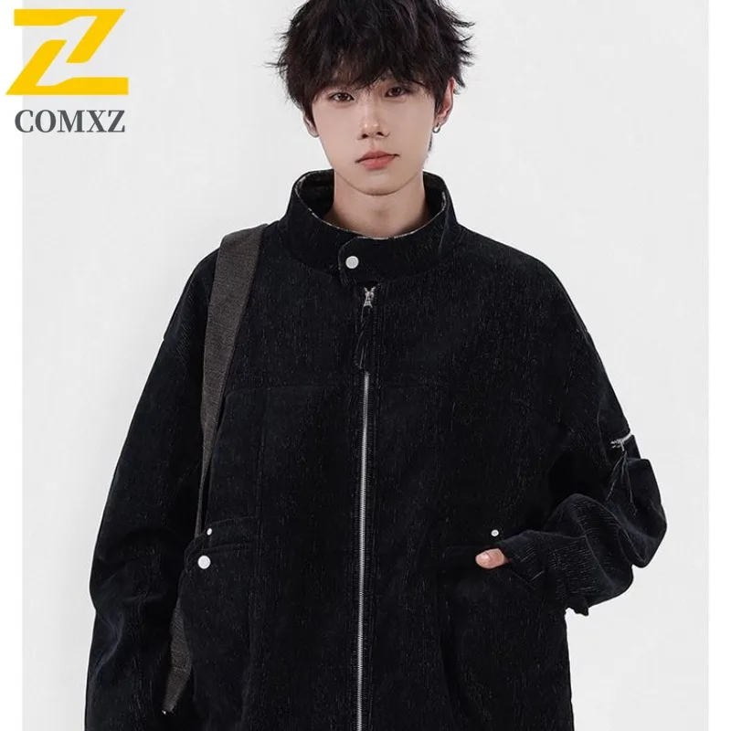 

COMXZ 2025 Мужская двухцветная вельветовая искусственная повседневная куртка из двух предметов, модная клетчатая легкая ветровка с воротником-стойкой для бизнеса и отдыха