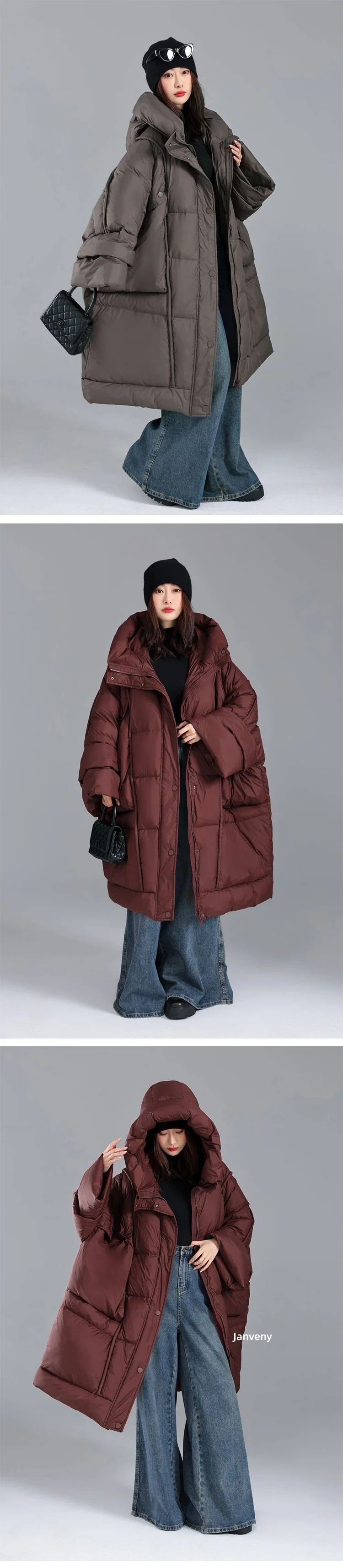 Janveny 2026 Newest Winter Loose Long Puffer Jacket Women Hooded 90% White Duck Down Coat Female Fluffy Warm Down Parka Outwear