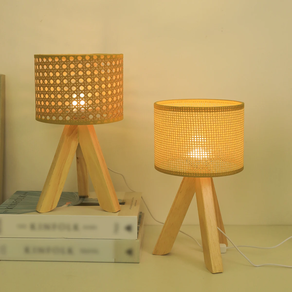 Solid wood tripod, wooden woven home desk lamp with USB power supply, soft light and eye protection