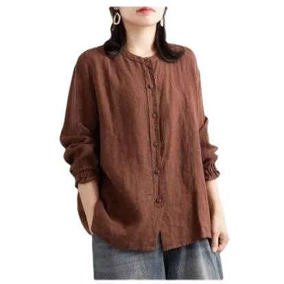 Casual Loose Fit Shirt Urban Casual with Round Neck Striped Pattern Pullover Style Cuff Sleeve Regular Length Women Blouse