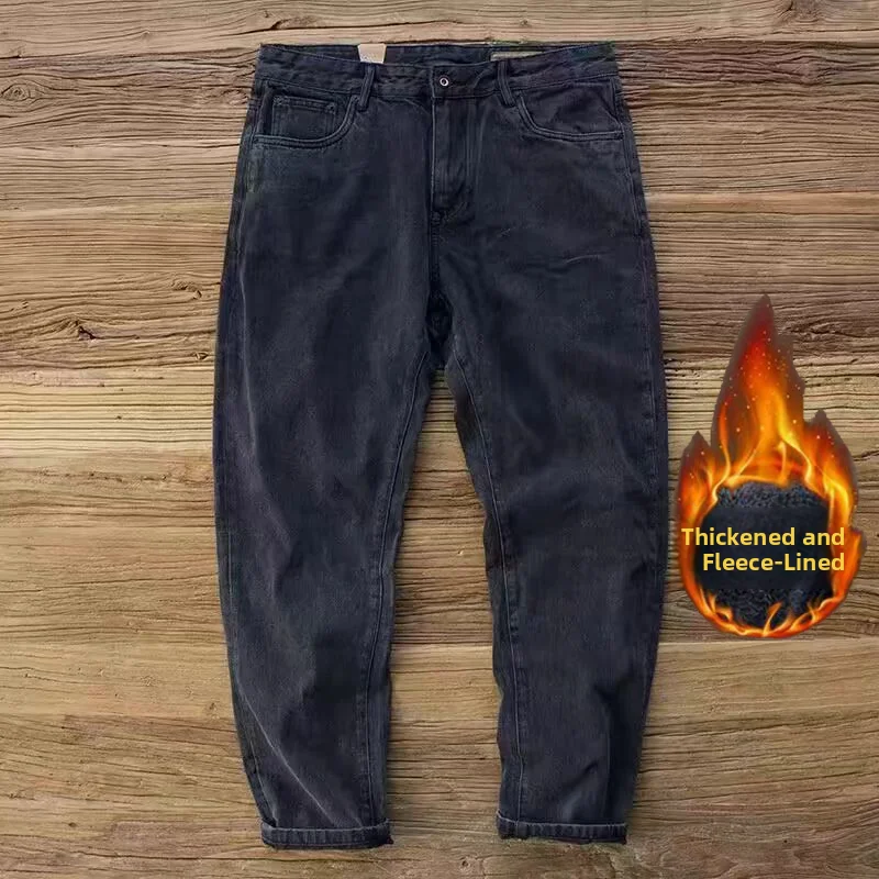 

Утепленные джинсы с флисовой подкладкой, мужские прямые хлопковые рабочие брюки, осенне-зимние длинные брюки, молодежные джинсы со средней посадкой