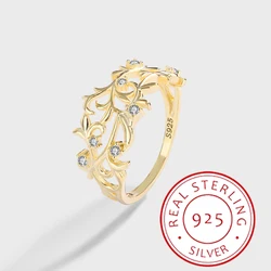 Creative and Authentic S925 Silver 14K Gold Diamond Romantic Curly Grass Pattern Tamarisk Ring Retro Romantic Gorgeous