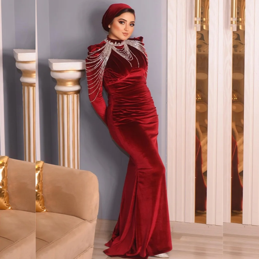 

Customized Fashion Intricate Charmeuse Sequined Pleat Trumpet High Collar Long Dresses Bespoke Occasion Sexy