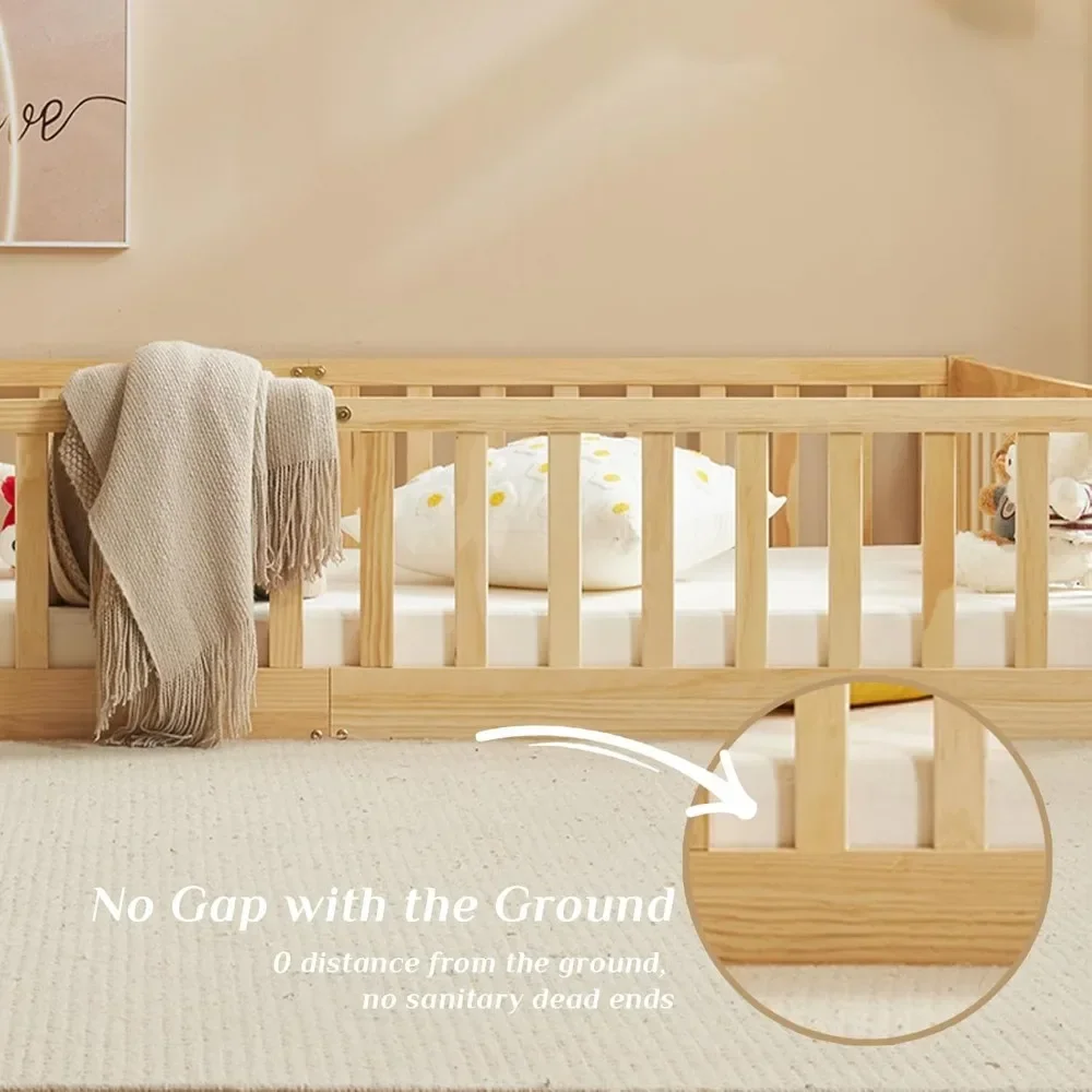 home Toddler Floor Bed with Door and Fence for Kids, Montessori Bed with 12 Slats and Safety Guardrails, Kids Bed Solid Wood