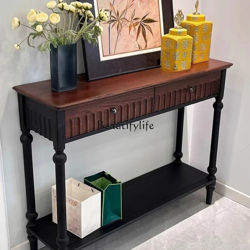 

French retro solid wood entry is opposite the door, middle antique style, living room against the wall, shelf, entrance cabinet