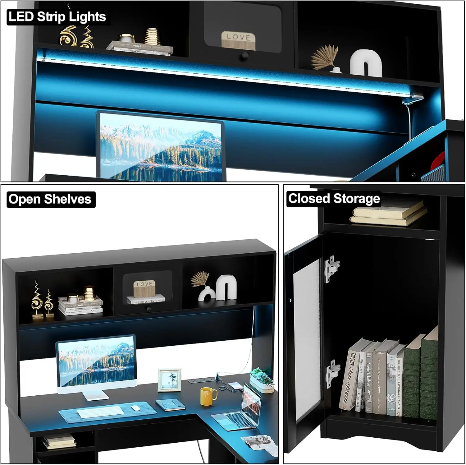 Unikito L-vormig bureau met hok, 60-inch computerbureau met stopcontact en LED-verlichting, groot modern hoekbureau met F