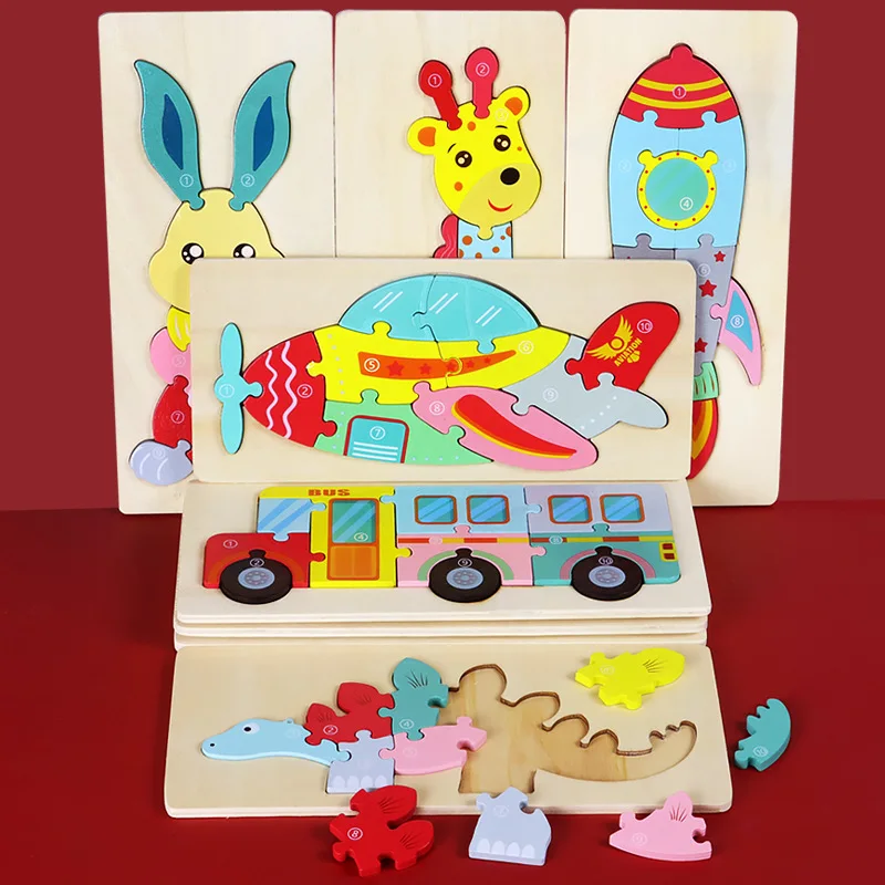 

Wooden children three-dimensional buckle traffic animal dinosaur early education cognition wooden puzzle puzzle building block t