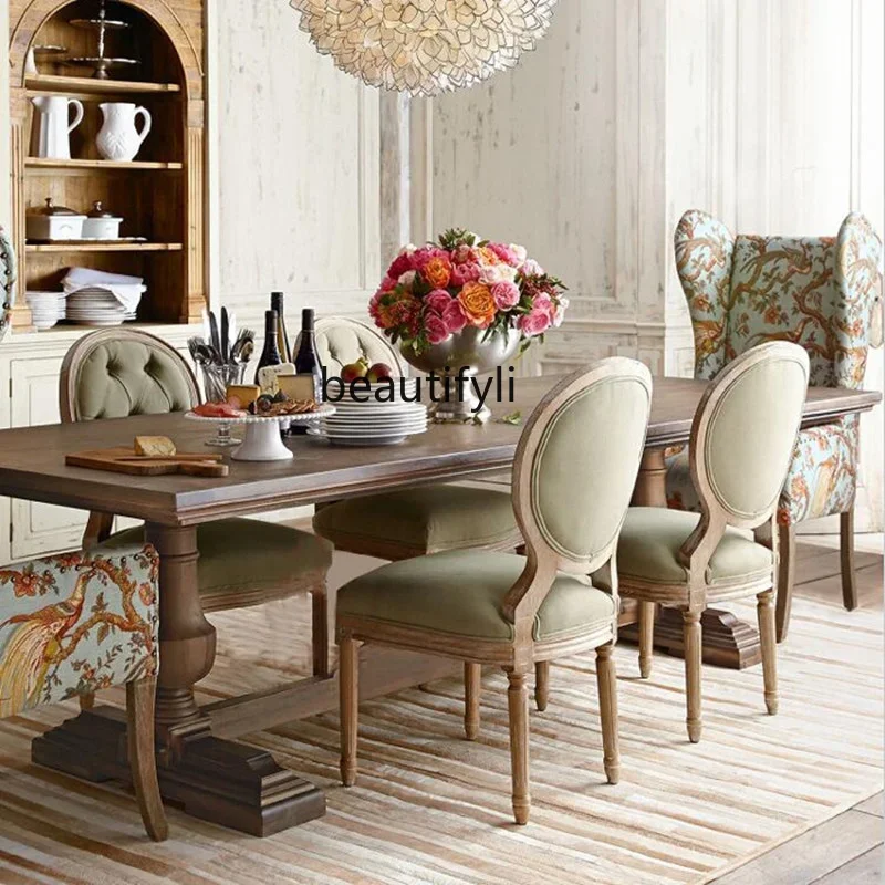 Q132 American rural retro solid wood dining table European home living room rectangular Roman column coffee table