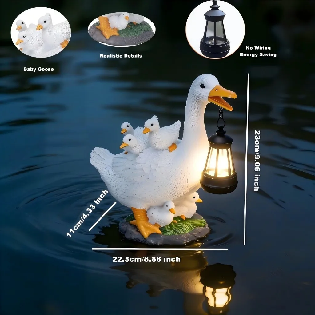 For Patio, Lawn, Pond Solar Duck Garden Statue With Lantern, Resin Goose Family Figurine LED Light Waterproof Outdoor Home Decor