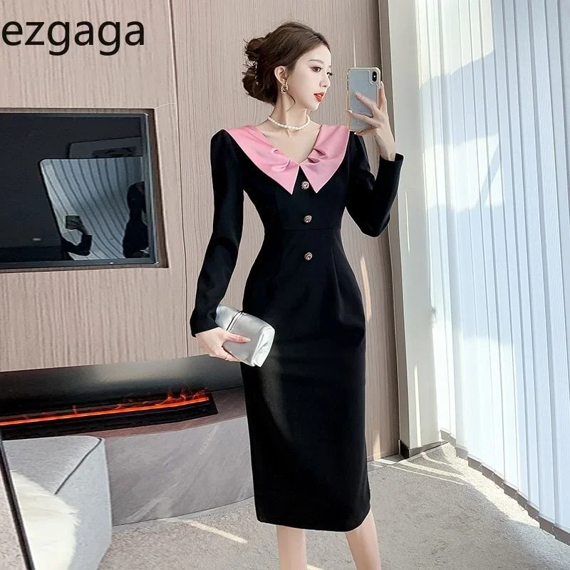 Topanoma Evening Dresses Women Long Sleeve Button Vintage Elegant Slim Temperament Autumn Winter Cocktail Party Dress Ladies