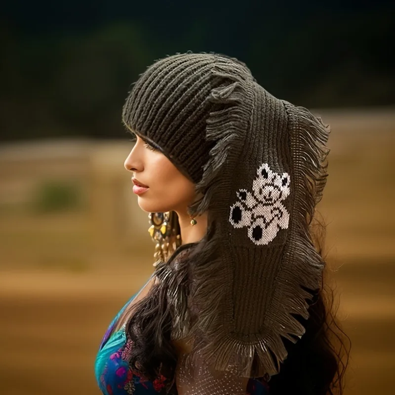 Punk Bunny Ear Beanie Stretch Knit Rabbit Hat for Women Men Winter Warm Animal Festival Christmas Party Cap 3