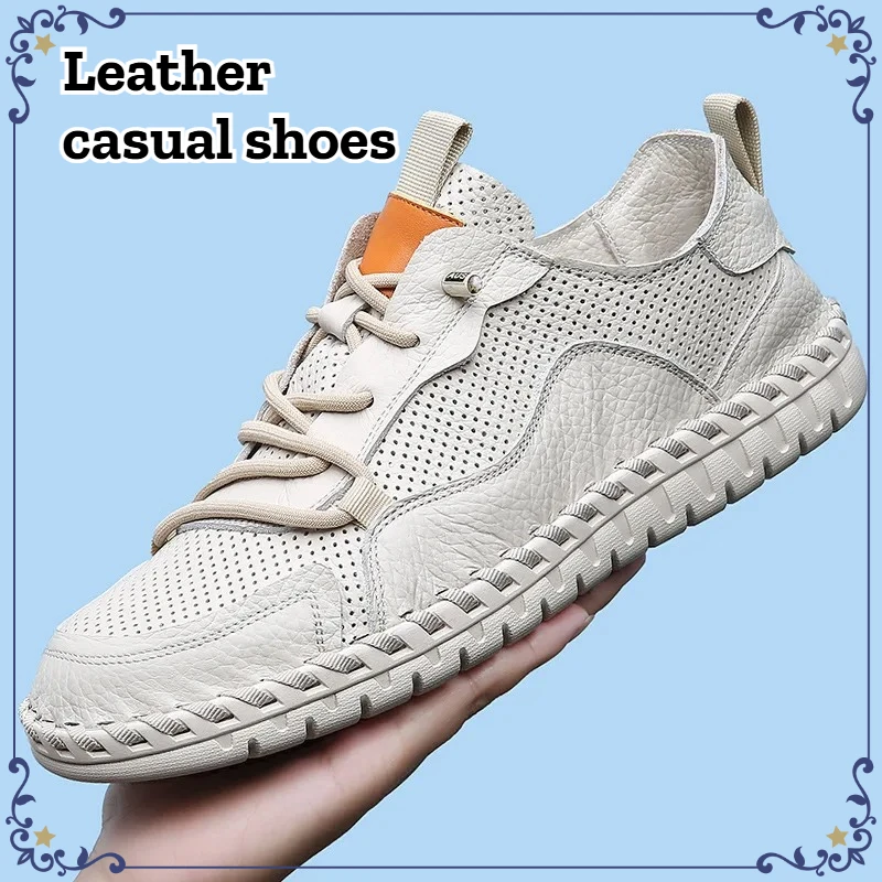 Trend Handmade Men's Genuine Leather Shoes Casual Comfortable Hollowed Out Breathable Non-slip Outdoor Walking Footwear Sneakers