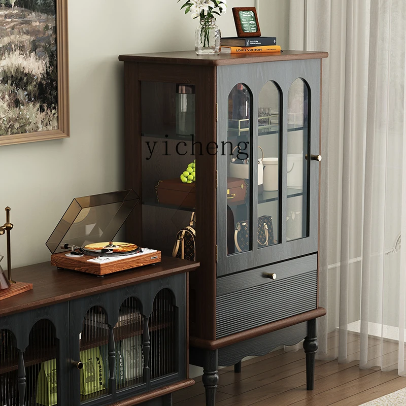 TQH French retro glass door solid wood wine cabinet living room home American display locker TV cabinet