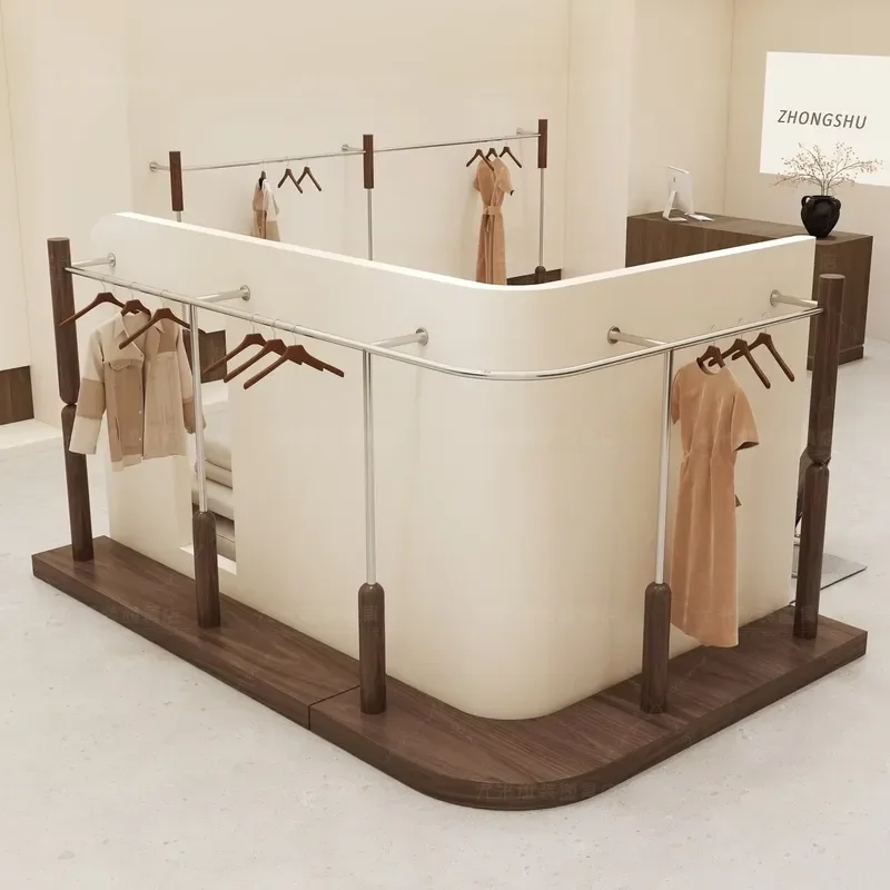 Fullsummer Walnut Finish Stainless Steel Wall-Mount Curved Clothes Rack with Board for Clothing Store