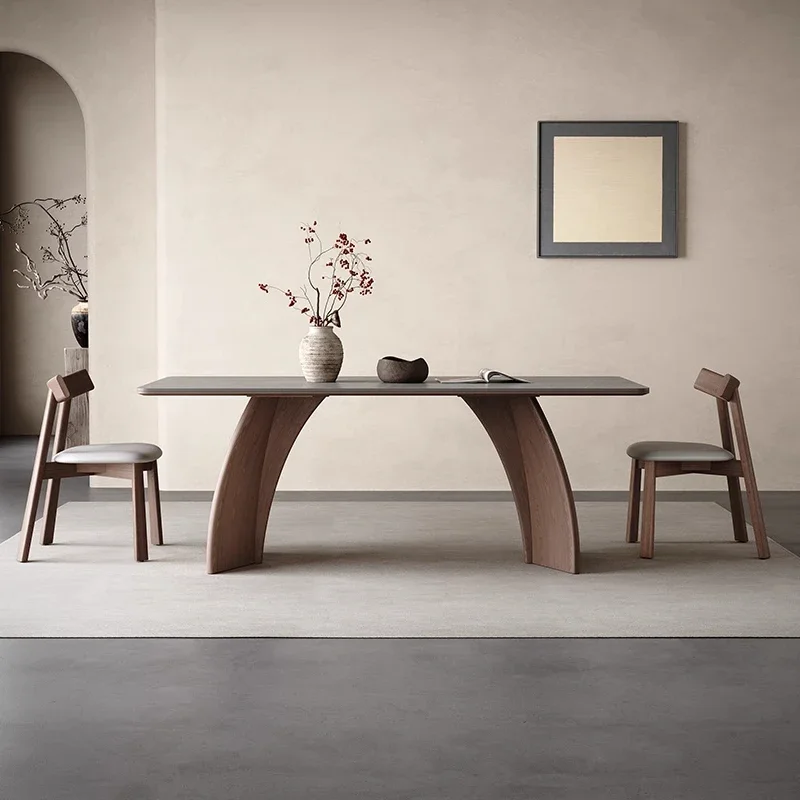 Medieval dining table Modern simple small apartment black rectangular solid wood rock board dining table